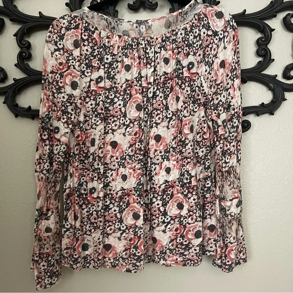 Lucky Brand Womenβs Tie Front Boho Peasant Long Sleeve Blouse Sz L - Picture 2 of 15